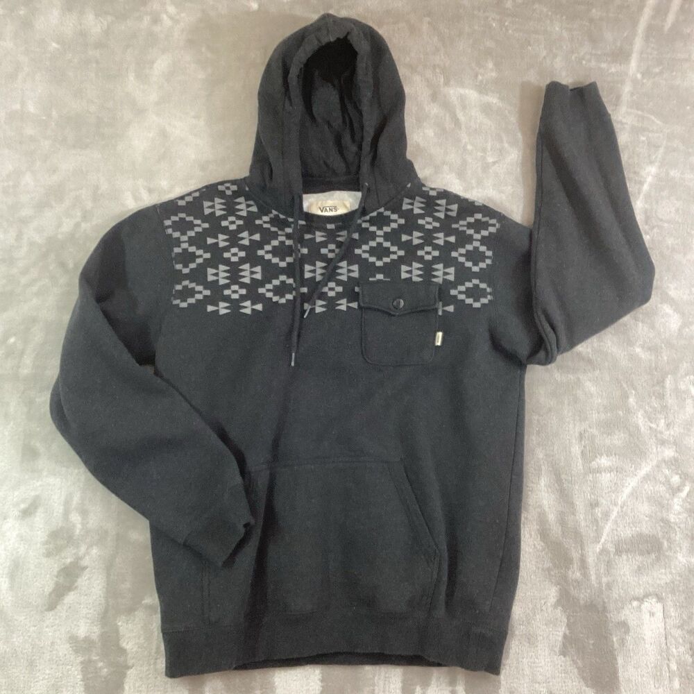 Vans Fleece-Lined Hoodie Men's Sz Large Dark Gray Geometric Pattern Chest Pocket